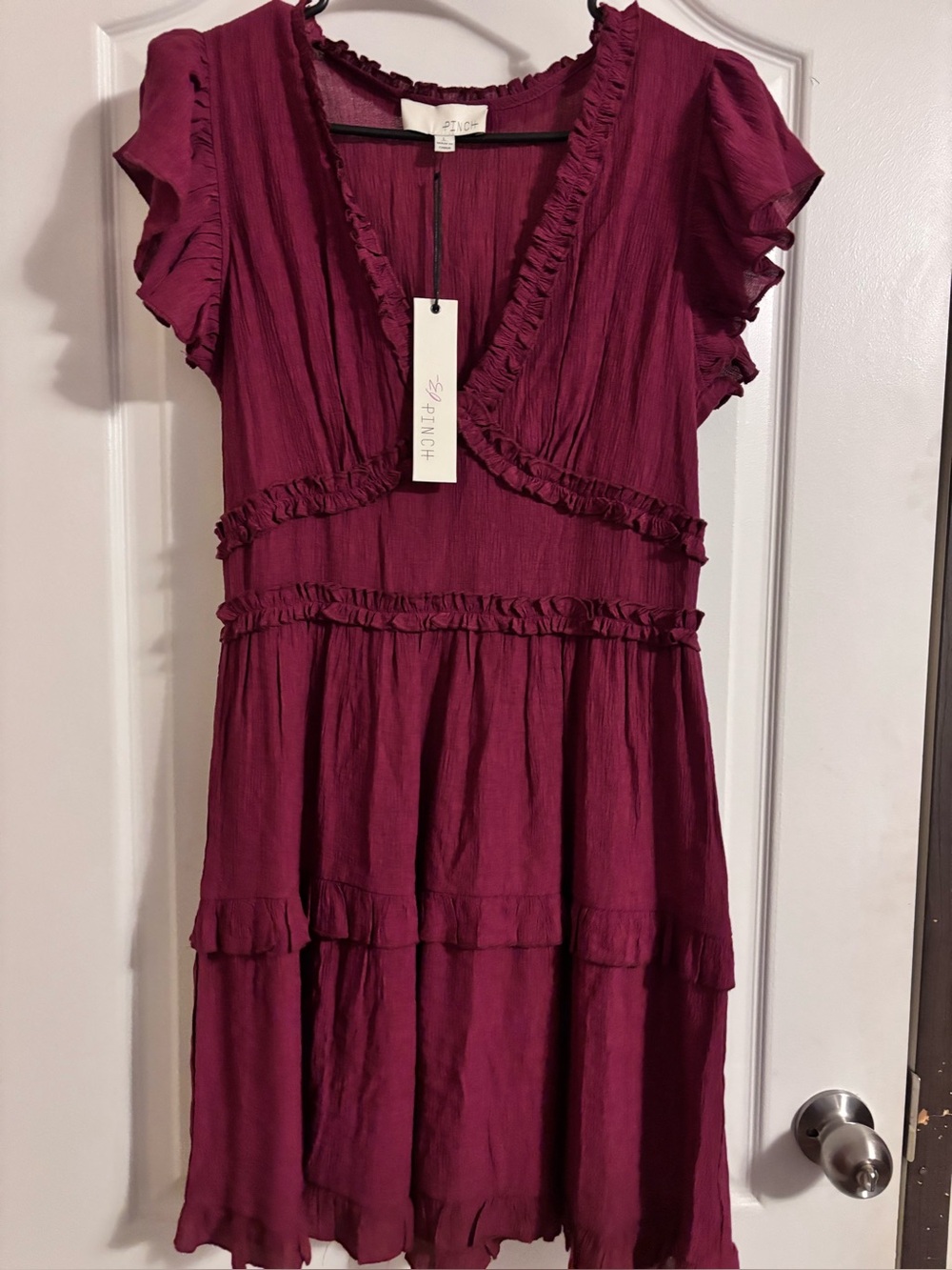 Pinch Ruffle V-Neck Short Sleeve Dress in Berry Plum